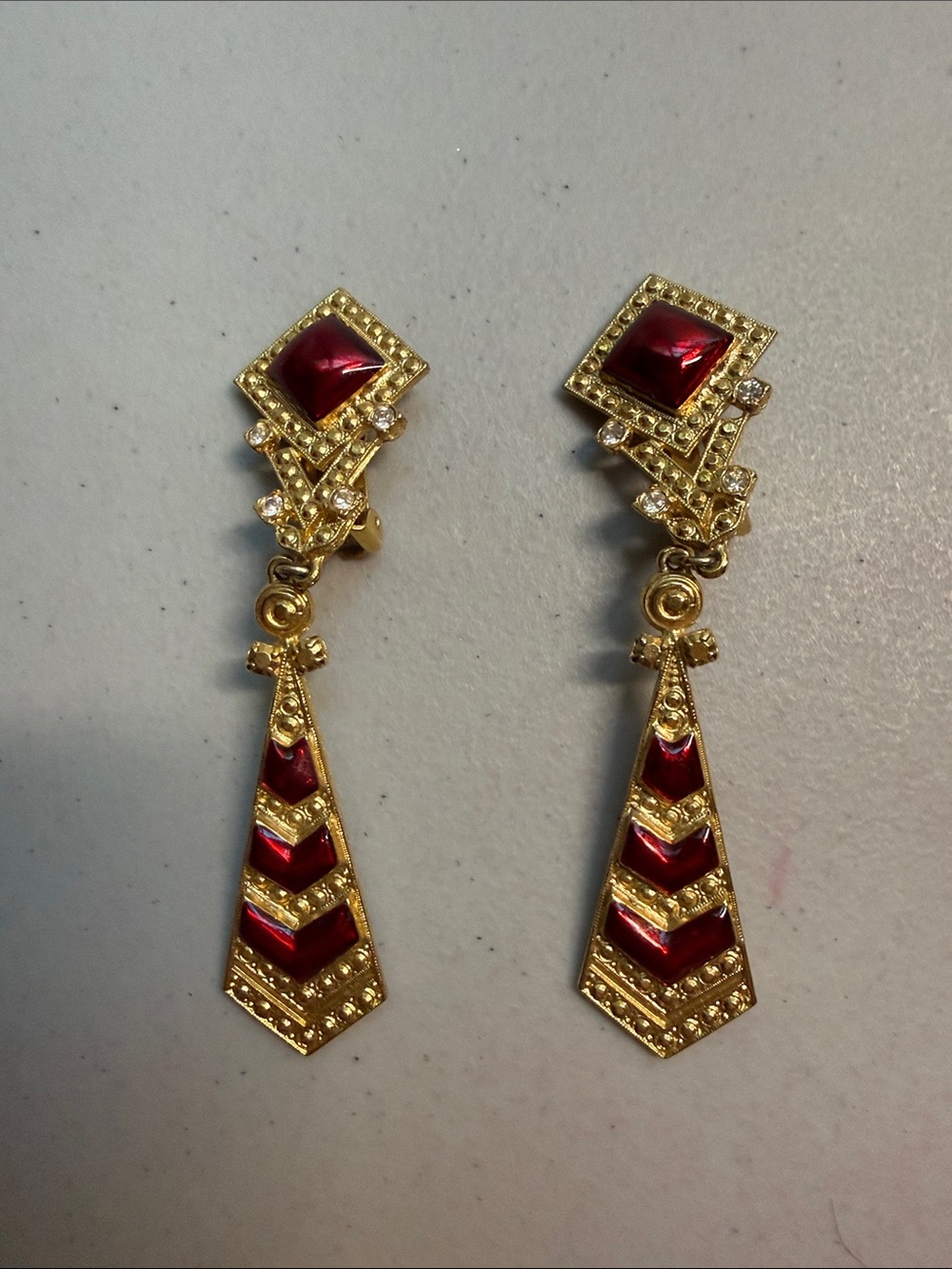 Vintage Gold-Tone Clip on Red Chevron Drop Earrings - Women Jewelry